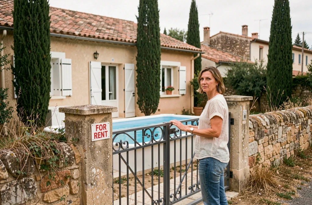 Femme visitant l'extérieur d'une maison à louer avec piscine dans un quartier résidentiel de Béziers