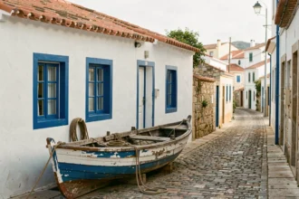 Petite maison de pêcheur à vendre au Portugal avec façade blanchie et volets bleus dans un village côtier de l'Algarve