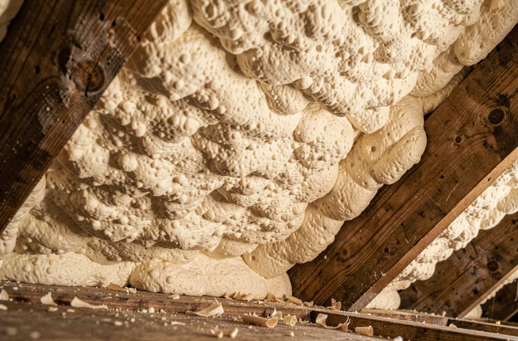 Gros plan sur de la mousse polyuréthane projetée sous la toiture pour une isolation thermique des combles aménagés