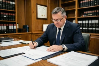 Notaire en costume marine révisant un contrat immobilier pour une construction neuve, assis à son bureau en chêne avec des documents officiels