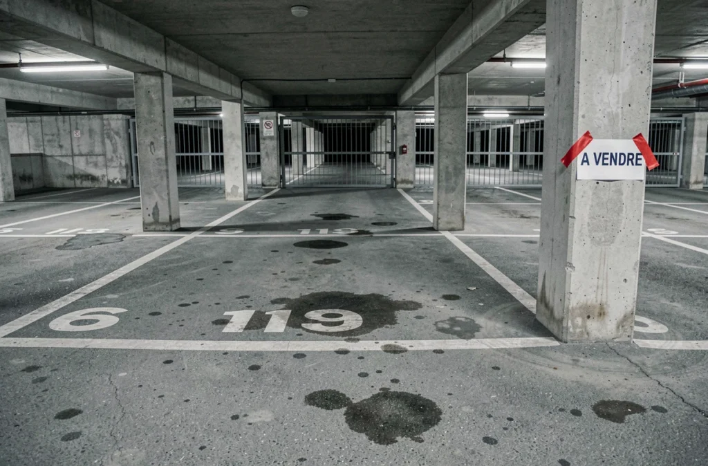Intérieur d'un parking souterrain à vendre avec signalisation et marquage au sol en béton