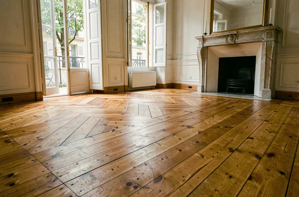 Parquet ancien en pin rénové dans un salon bourgeois du XIXe siècle avec cheminée en marbre et volets en bois