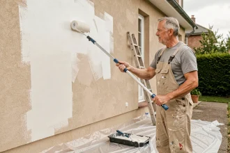 Artisan peintre appliquant de la peinture blanche sur la façade d'une maison avec un rouleau sur perche télescopique