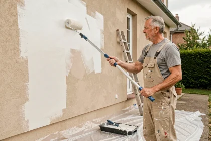 Artisan peintre appliquant de la peinture blanche sur la façade d'une maison avec un rouleau sur perche télescopique