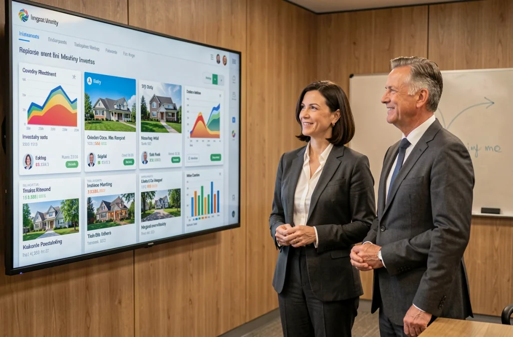 Deux professionnels de l'investissement immobilier analysant les données Immolibre sur un écran interactif en salle de réunion