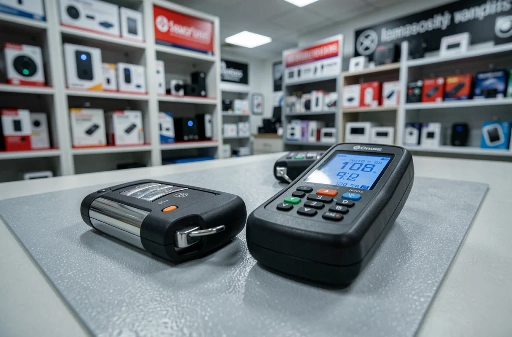 Badges de contrôle d'accès et programmateur posés sur un comptoir de magasin spécialisé en serrurerie pour duplication