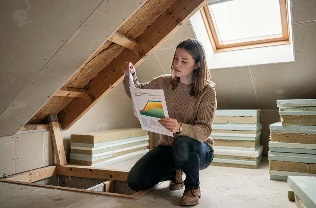 Propriétaire examinant un bilan thermique dans des combles non isolés avant travaux de rénovation énergétique