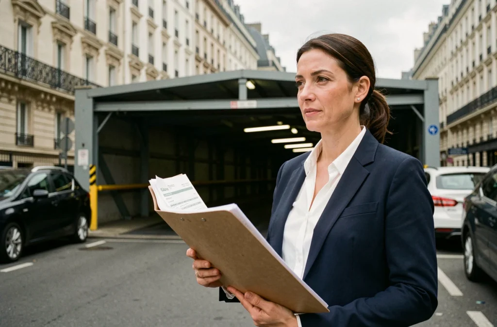 Propriétaire féminine devant l'entrée d'un parking urbain étudiant la rentabilité de la revente malgré les frais de notaire