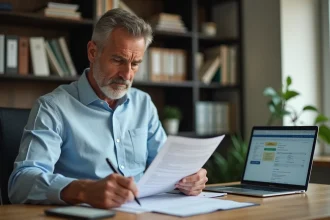 Propriétaire vérifiant un contrat de bail et le calcul d'encadrement des loyers à son bureau
