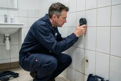 Technicien de recherche de fuite en copropriété utilisant un détecteur acoustique sur un mur de salle de bain