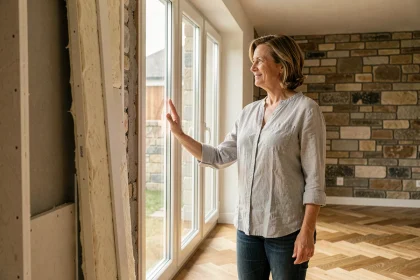 Femme devant une fenêtre à triple vitrage dans un logement en cours de rénovation énergétique
