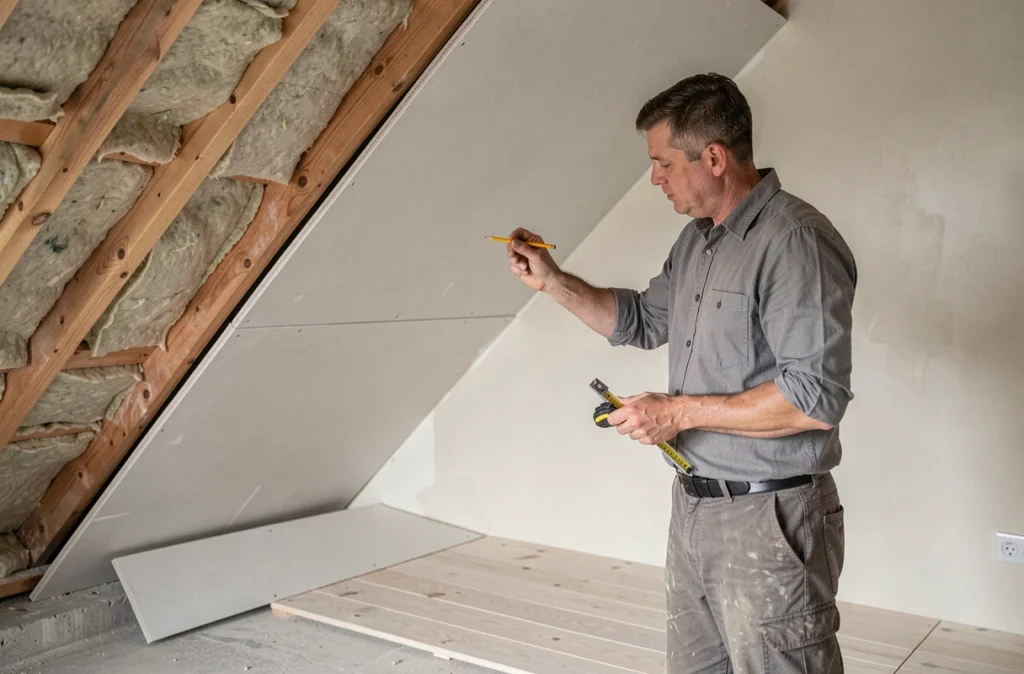 Artisan mesurant des panneaux de plâtre lors de la rénovation d'un grenier en cours d'aménagement, avec isolation et parquet partiellement posé