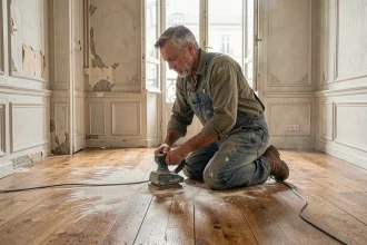 Artisan ponçant un ancien parquet en chêne à larges lames dans un appartement haussmannien parisien lors d'une rénovation