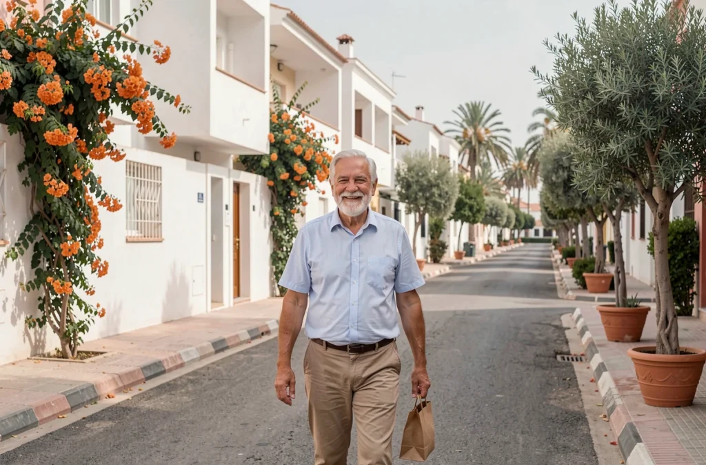 Retraité se promenant dans un quartier résidentiel calme d'Agadir, Maroc, avec des immeubles d'appartements blancs et de la végétation méditerranéenne