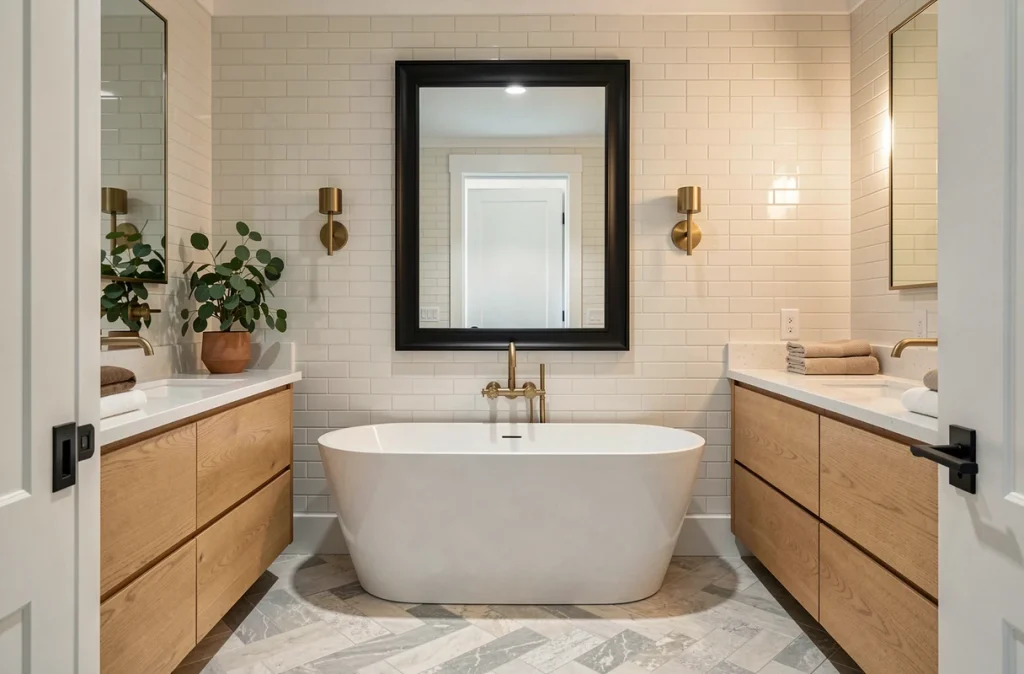 Salle de bain ancienne entièrement rénovée avec baignoire îlot, double vasque en chêne et carrelage métro blanc