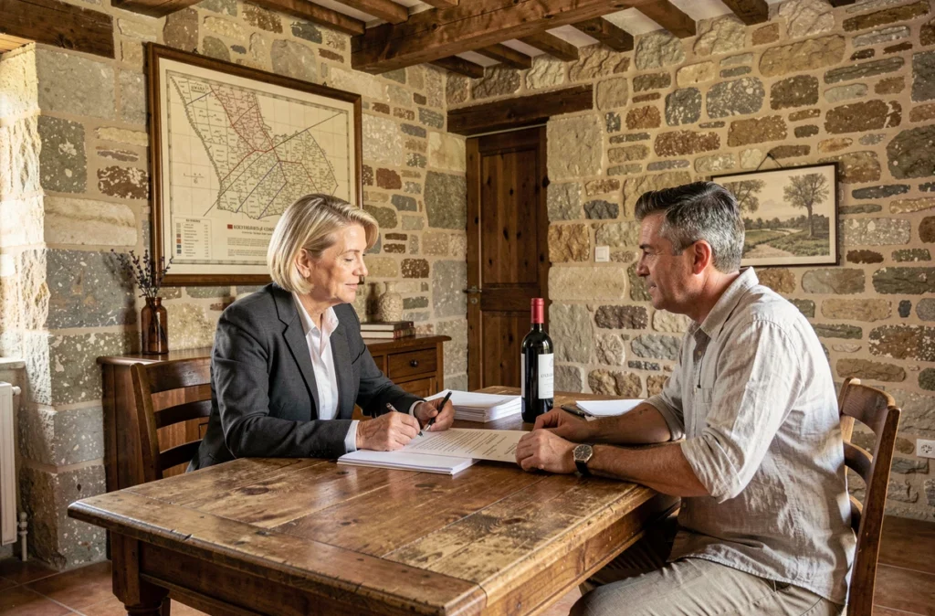 Notaire et acheteur signant les documents d'acquisition d'un domaine viticole bordelais dans un bureau en pierre