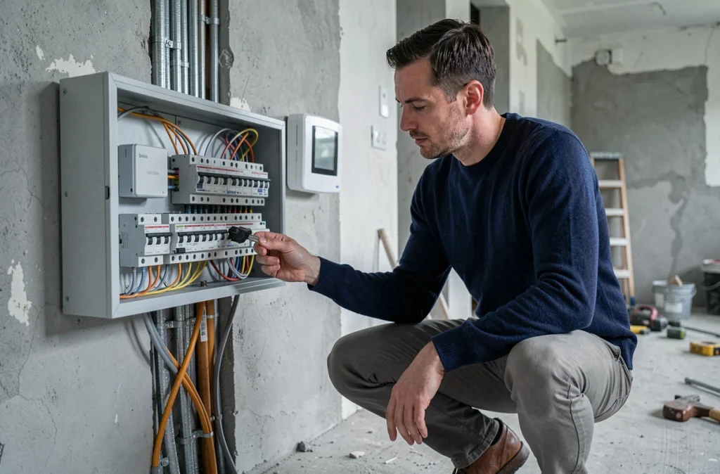 Technicien inspectant un tableau électrique connecté dans une pièce en cours de rénovation domotique