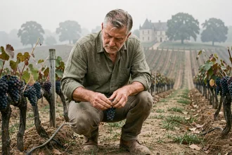 Vigneron expérimenté inspectant des grappes de Merlot dans un domaine viticole bordelais à vendre avec château historique en arrière-plan