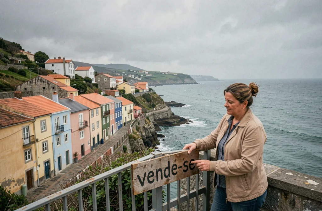 Village de pêcheurs du Portugal avec maisons colorées en vente au bord de l'Atlantique et panneau vende-se visible