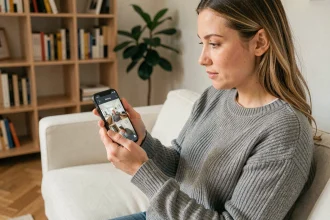 Femme explorant une visite virtuelle 360 degrés d'une maison sur son smartphone depuis son salon
