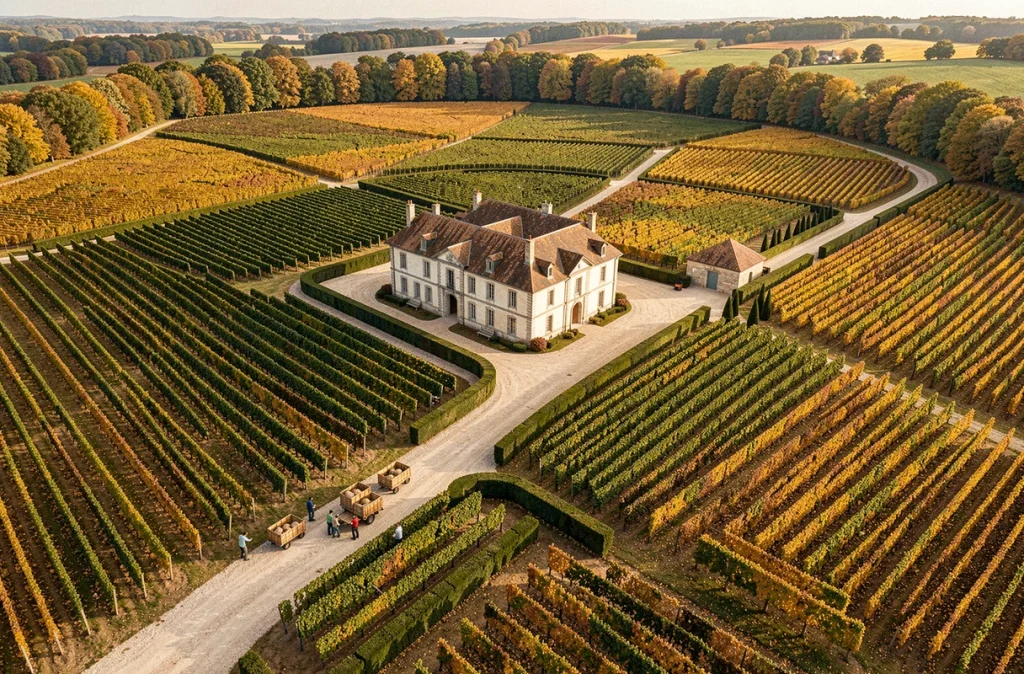 Vue aérienne d'un domaine viticole bordelais à vendre avec château du XVIIIe siècle, vignes en rangées géométriques et bâtiments de vinification en automne