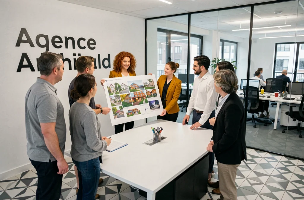 Architecte de l'Agence Archibald présentant un concept créatif à son équipe dans un bureau moderne du Pas-de-Calais
