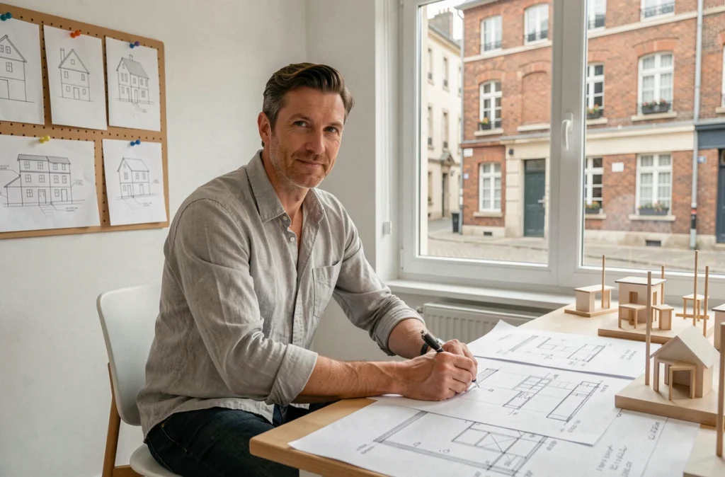 Architecte de l'Agence Noyon travaillant sur des esquisses dans un bureau minimaliste du Pas-de-Calais