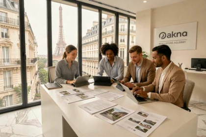 Équipe d'agents immobiliers professionnels dans un bureau moderne à Paris avec vue sur des immeubles haussmanniens