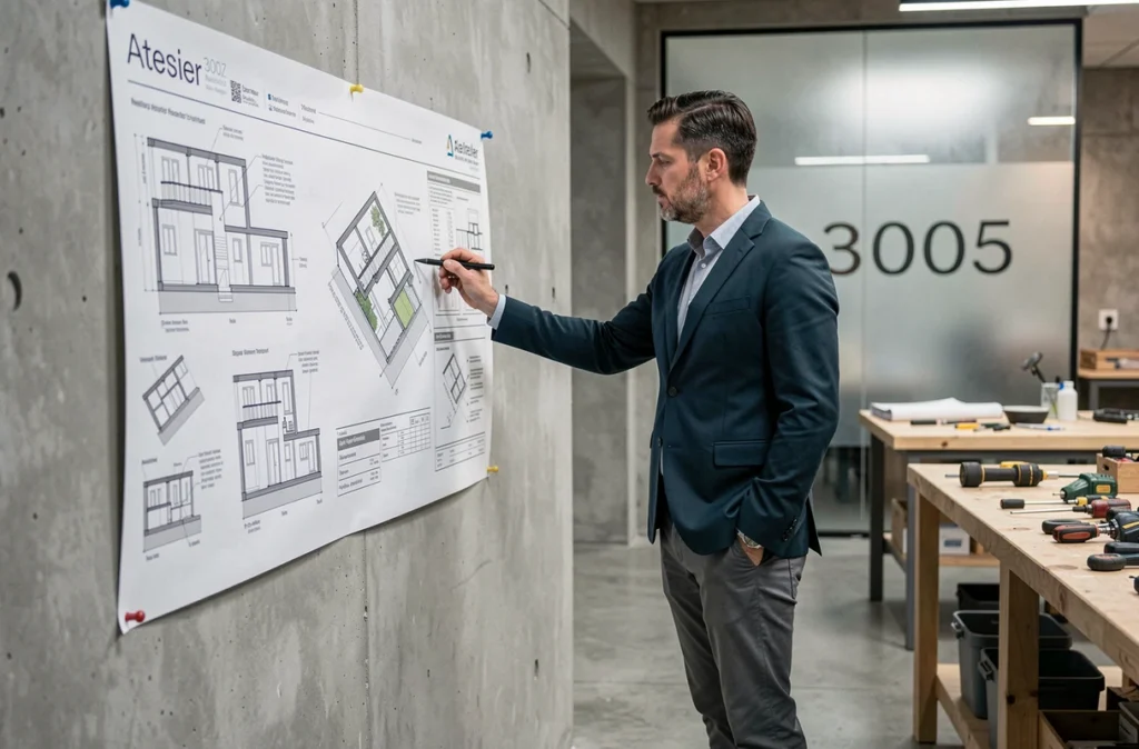 Architecte de l'Atelier 3005 présentant un rendu architectural dans son studio industriel du Pas-de-Calais