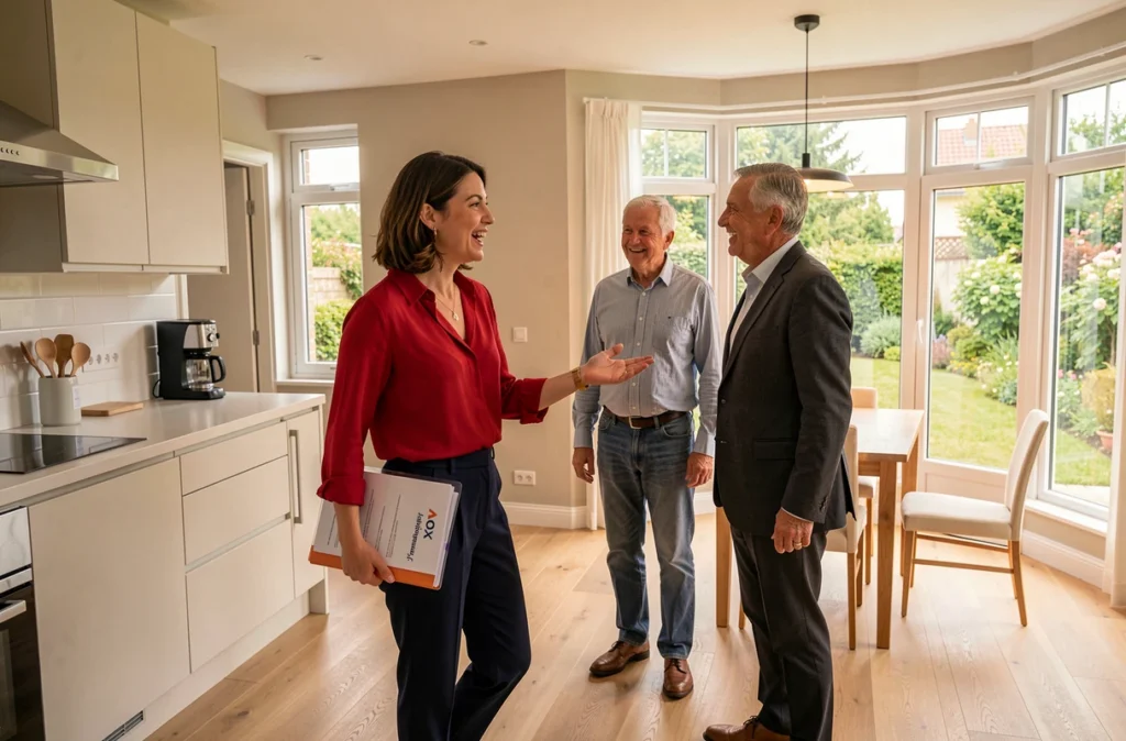 Conseillère AXO L'immobilier Actif faisant visiter un pavillon rénové en Île-de-France à un couple