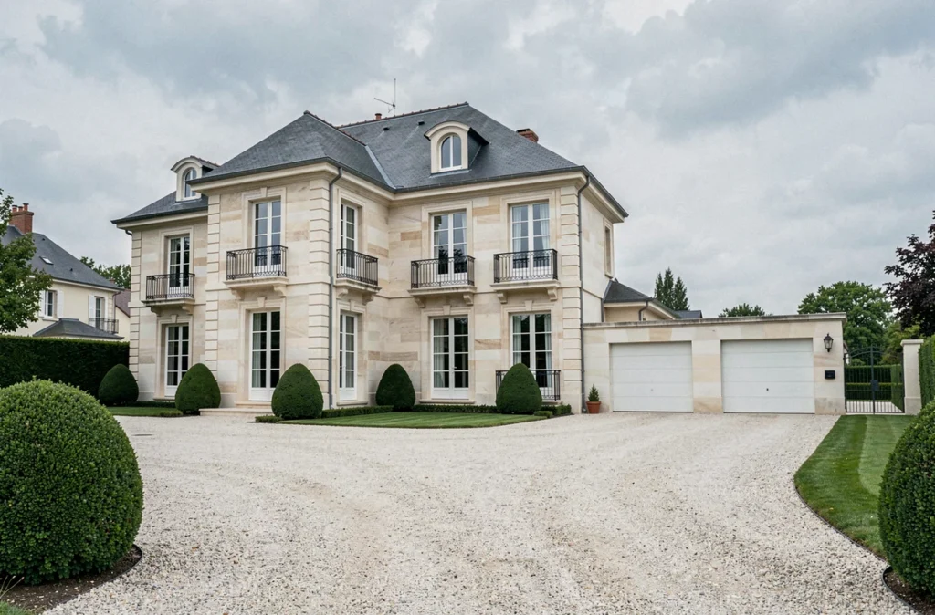 Villa de prestige avec allée en gravier et façade en pierre reconstituée représentant les constructions haut de gamme Belles Demeures en Essonne