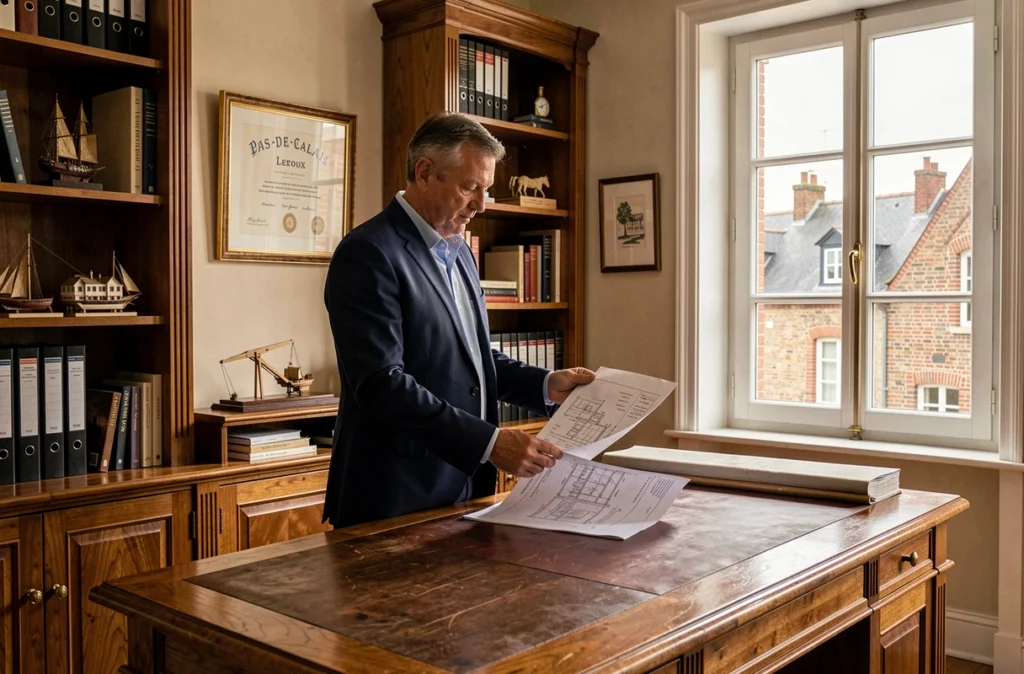 L'architecte Leroux dans son cabinet traditionnel avec bibliothèque et maquettes dans le Pas-de-Calais
