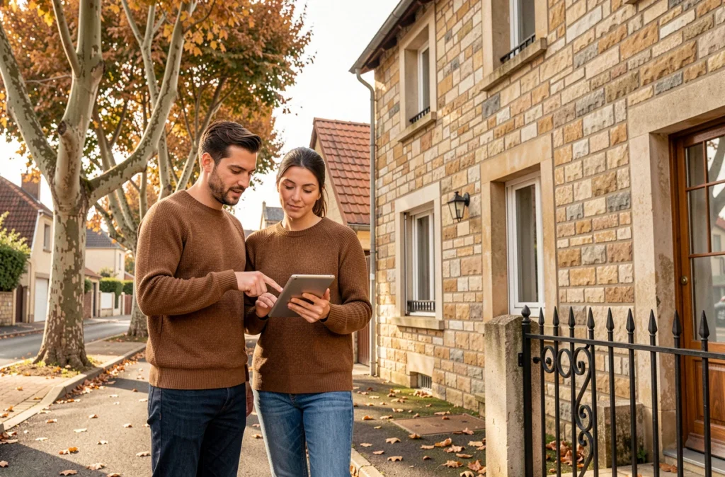 Couple d'acheteurs immobiliers consultant l'outil ERRIAL sur une tablette devant une maison en pierre à vendre en banlieue française
