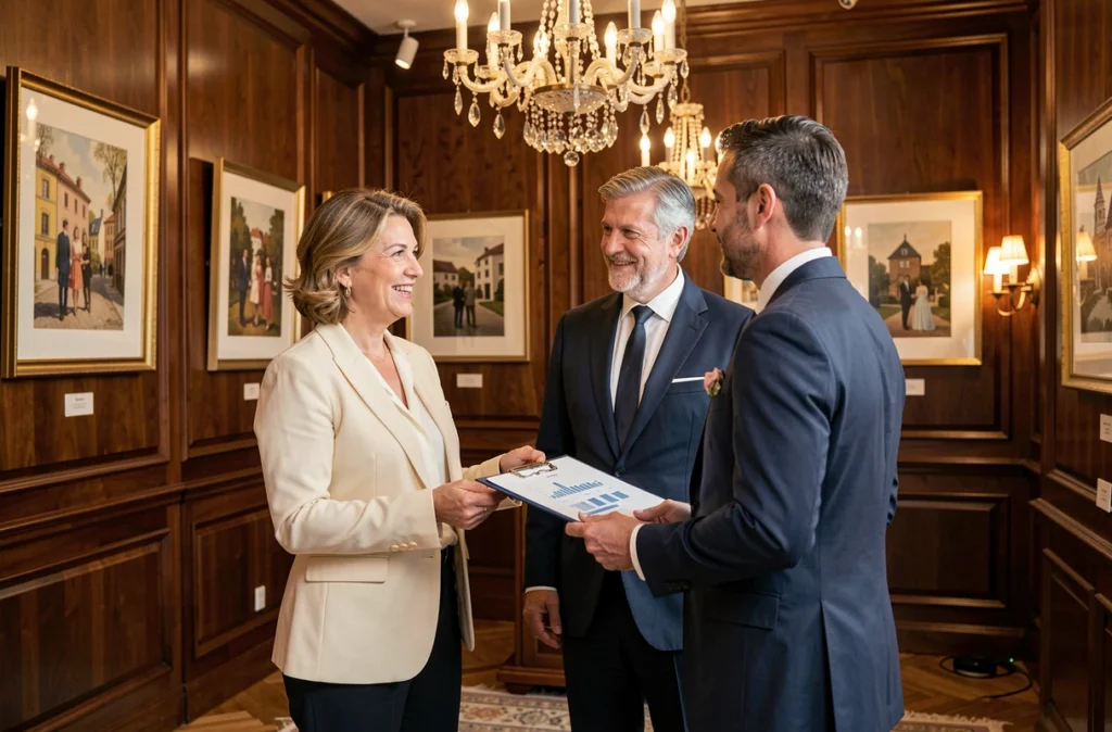 Consultante immobilière présentant des biens de luxe dans le showroom élégant de Daniel Féau à Paris