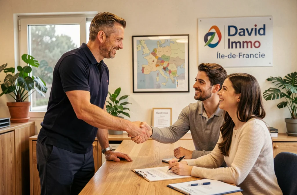 Agent David Immo serrant la main d'un couple après la signature d'un acte de vente immobilier en Île-de-France