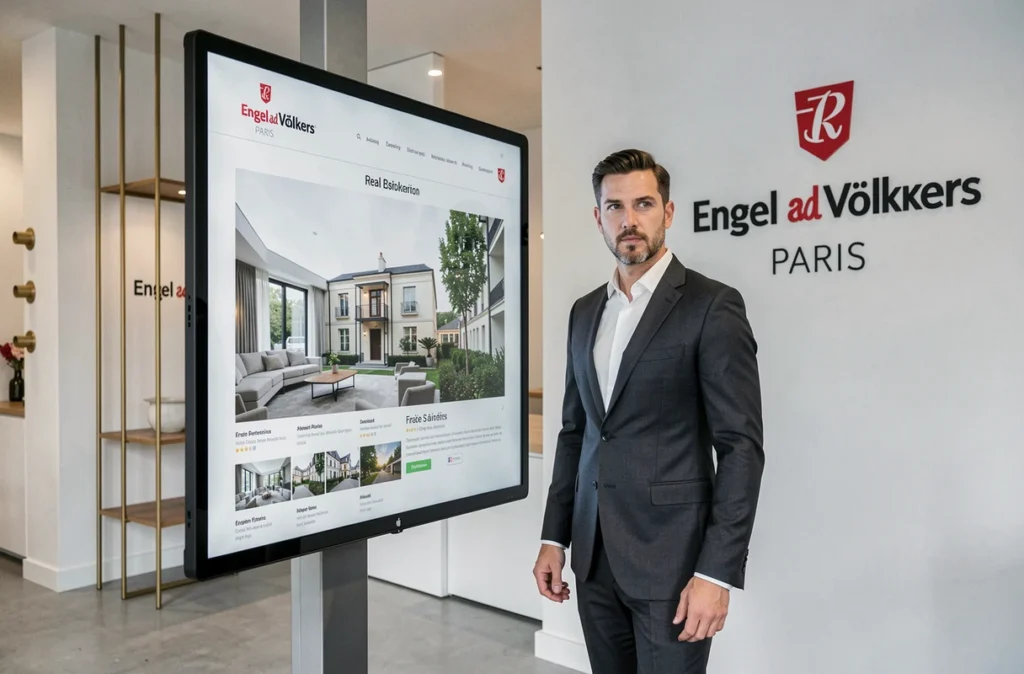 Conseiller immobilier Engel & Völkers Paris présentant des biens de prestige sur écran interactif
