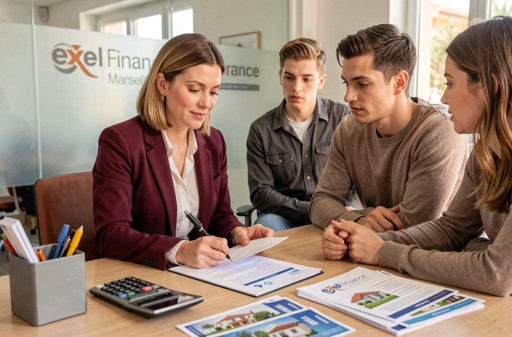 Conseillère Exel Finance Marseille annotant une proposition de prêt immobilier pour de jeunes acquéreurs