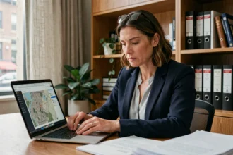 Femme consultante immobilière analysant les données cadastrales ERRIAL sur un ordinateur portable dans un bureau de notaire moderne