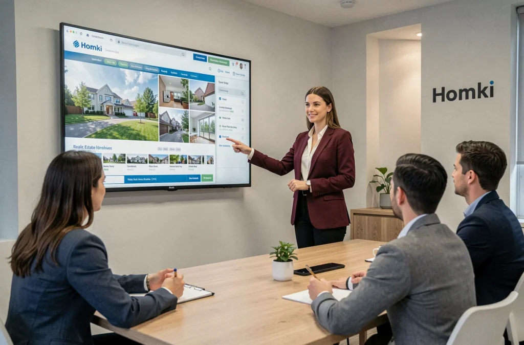 Consultante Homki présentant des annonces immobilières digitales à des clients dans une salle de réunion moderne