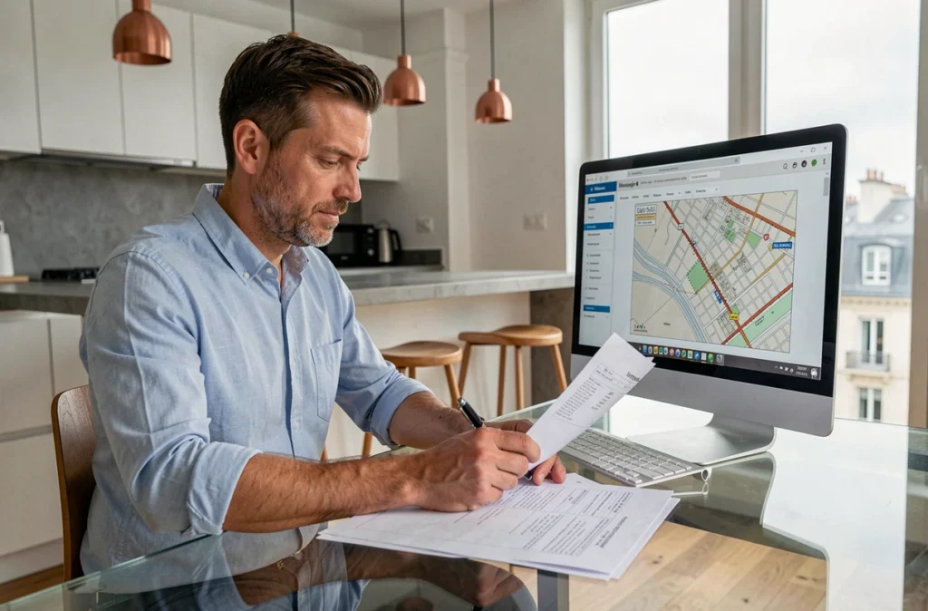 Homme étudiant des documents cadastraux et une carte de zonage ERRIAL pour sécuriser un achat immobilier dans un appartement moderne