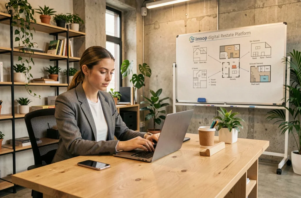 Entrepreneur spécialisée dans l'immobilier digital travaillant sur la plateforme Imop dans un espace co-working moderne
