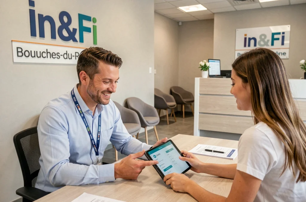 Courtier In&Fi Crédits Bouches-du-Rhône expliquant les options de crédit immobilier à un jeune couple