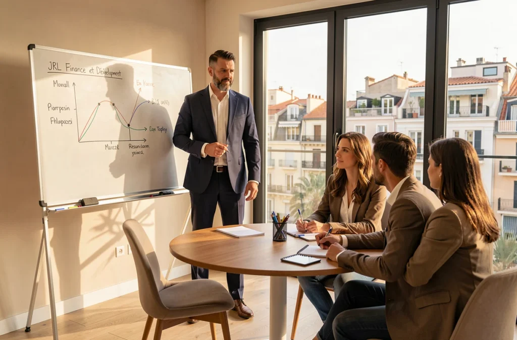 Courtier JRL Finance et Développement Marseille expliquant un plan d'amortissement de prêt à des clients