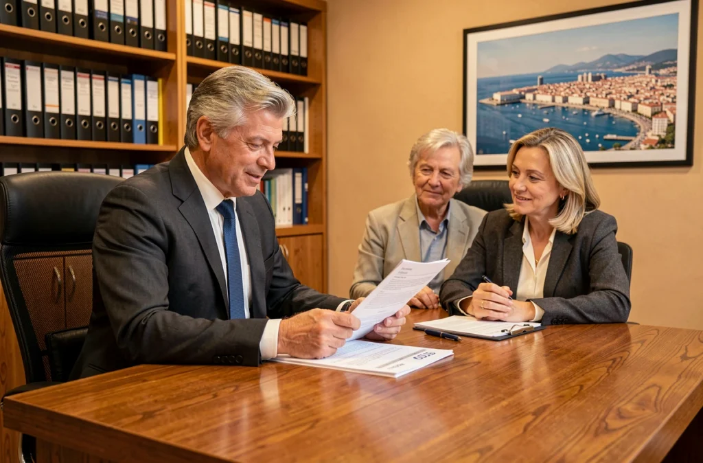 Courtier de Le Courtier Finance Marseille analysant un dossier de prêt immobilier avec un couple