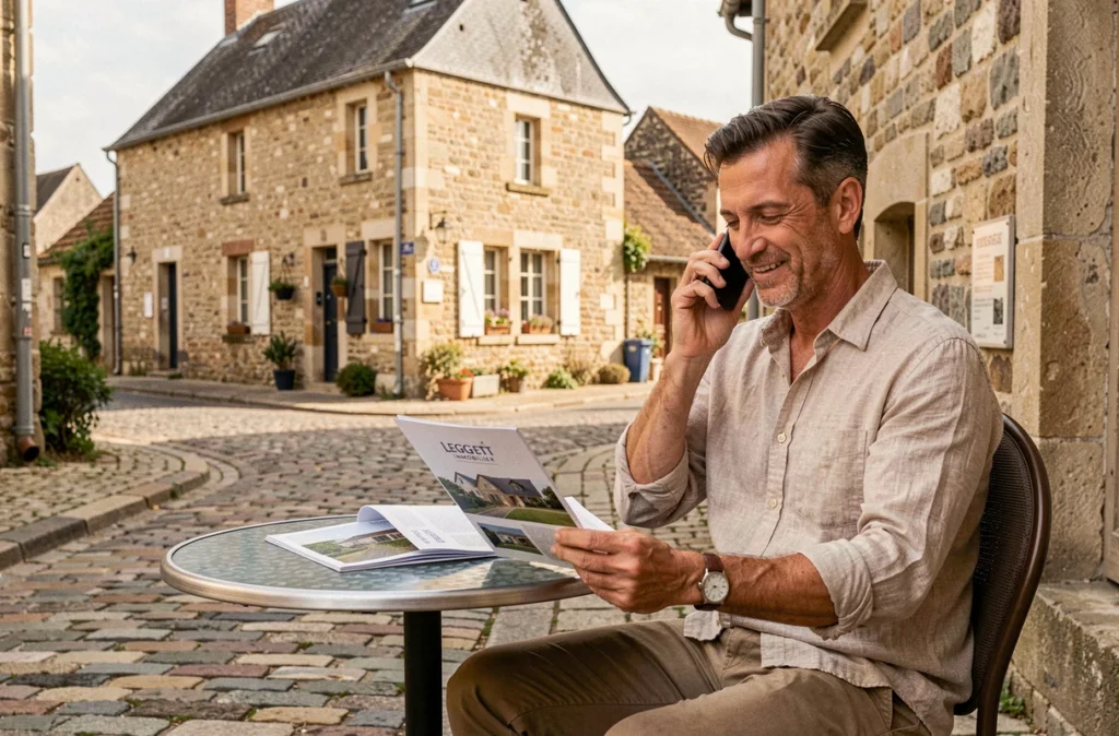 Courtier Leggett Immobilier travaillant dans un village pittoresque d'Île-de-France avec une propriété de caractère en arrière-plan