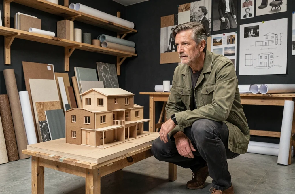 Thierry Bauduin examinant une maquette architecturale dans l'atelier des Plans B à Boulogne-sur-Mer