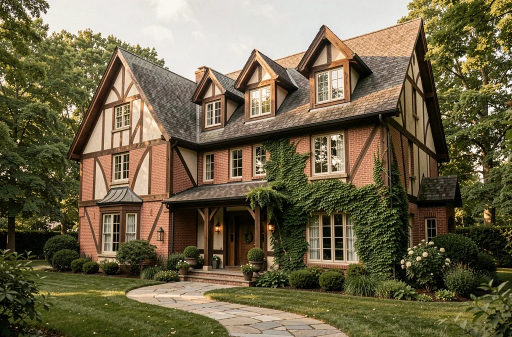 Maison de caractère avec colombages, briques et lucarnes représentant le savoir-faire artisanal des Maisons Barbey Maillard en Essonne