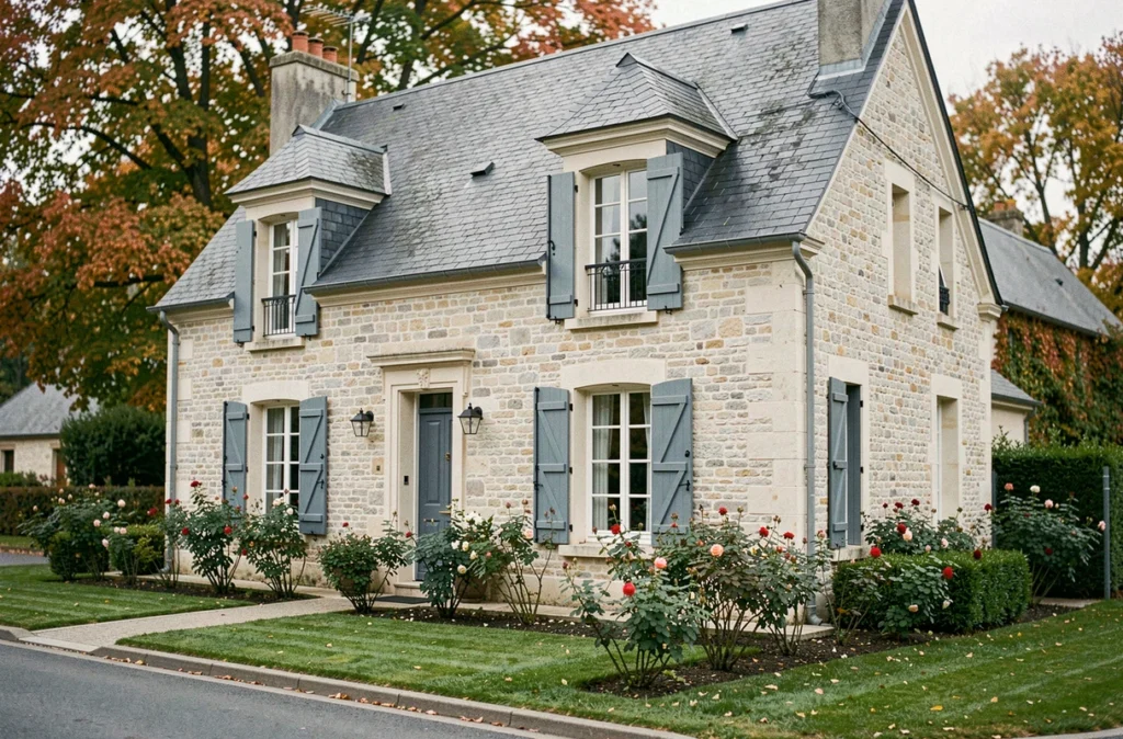 Maison de style traditionnel français avec volets bleus et toiture en ardoise évoquant les constructions Les Maisons Clairval