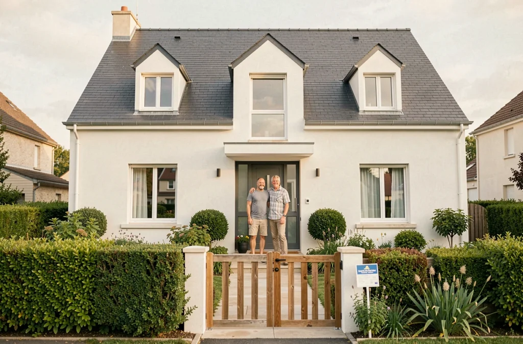 Façade d'une maison individuelle construite par Maisons France Confort avec un couple de propriétaires devant l'entrée