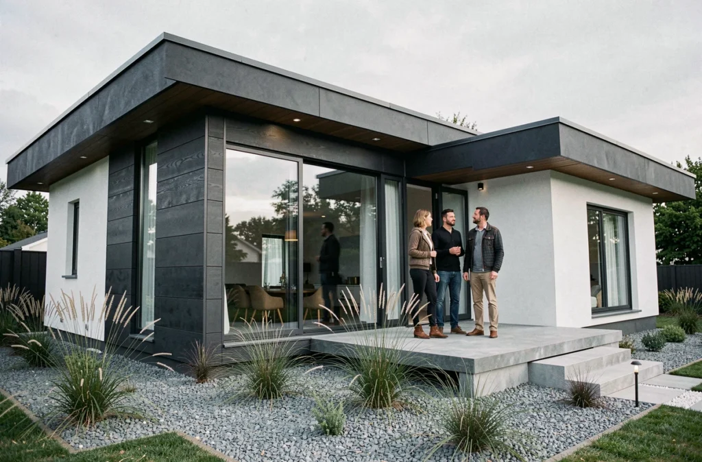 Maison contemporaine à bardage anthracite et grandes baies vitrées représentant le style constructif de Maisons LDT en Essonne